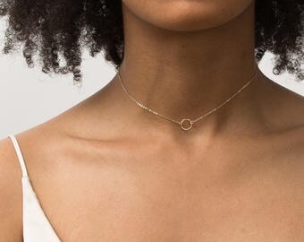 Dainty Choker Necklace • Gold Delicate Circle, Open Circle Choker • 14k Gold Fill, Sterling Silver, Rose Gold • LN132_09_aj