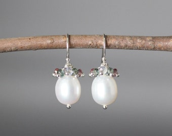 White Pearl Earrings - Pearl and Gemstone Earrings - Mystic Quartz Earrings - Bridal Jewelry - Wire Wrapped Pearls - Anniversary Gift