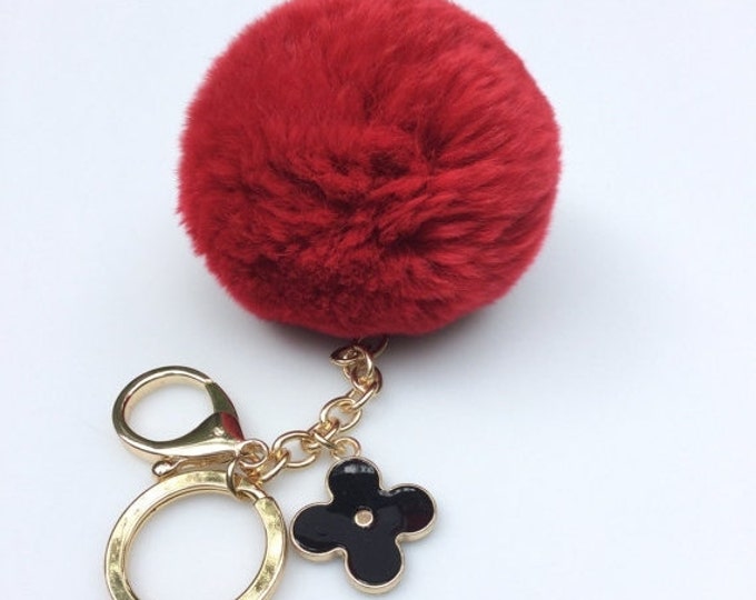 Deep Red fur pom pom keychain REX Rabbit fur pom pom ball with flower bag charm