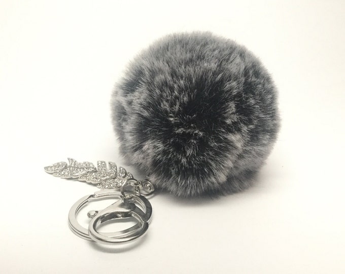 Black Frost Faux Rabbit Fur Pom Pom bag Keyring keychain fake ball puff fall leaves