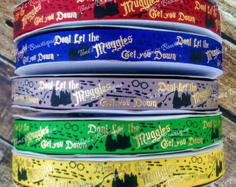 USDR Don't Let the Muggles get you Down 7/8" Grosgrain Ribbon, Harry Potter Inspired Collection, US Designer Ribbon, Mischief Managed Ribbon
