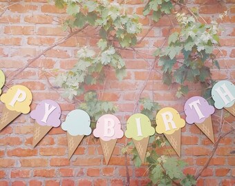 Ice Cream Cone Happy Birthday Banner, Ice Cream Theme Party Banner, Birthday Banner, Ice Cream Birthday Party Decoration