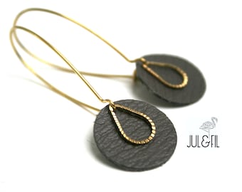 Drop earrings charcoal grey leather moleskin, ridged brass