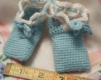 Handmade Crocheted Baby Booties - Blue & White