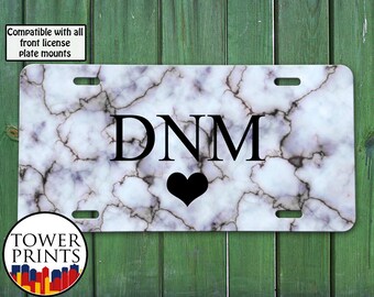 Gray Marble Veins Rock Texture Black Monogram Heart Initial Tumblr Inspired Cute Custom Accessory Front License Plate Car Tag Vehicle Custom
