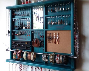 Jewelry holder. Large earrings display shelf. TURQUOISE jewelry storage. wall mounted earring holder. jewelry organizer. earrings storage.