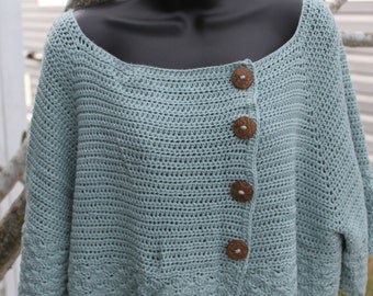 Handmade of softest bamboo cotton yarn. Size L cropped sweater with intricate detail design; Light seafoam green (sage) color. Beautiful!