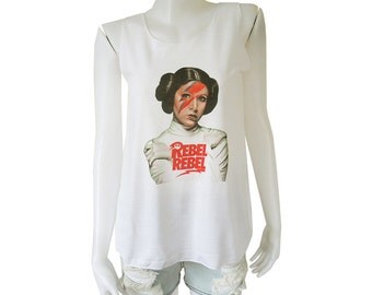 Princess Leia Star Wars Carrie Fisher REBEL REBEL David Bowie Printed Lady Womens Singlet Tank Top Vest Blouse Shirt Tee T-Shirt White S M L