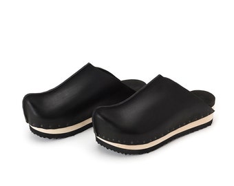 Black Mens wooden clogs, Leather mens clogs, Mens mules, Extra comfort footbed padding, NEILS, Free shipping