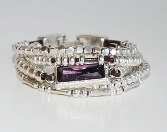 Women leather bracelet with six lines, rectangle crystal and zamak beads, uno de 50 bracelet style.