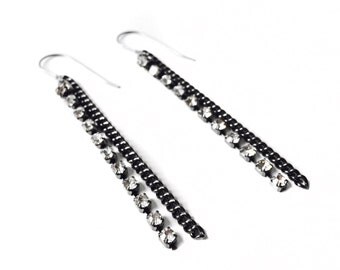 Statement Earings, Titanium Earrings, Gunmetal Chain and Rhinestone Dangle Long Earrings, Handmade Earring, Simple, Edgy, Modern Jewelry