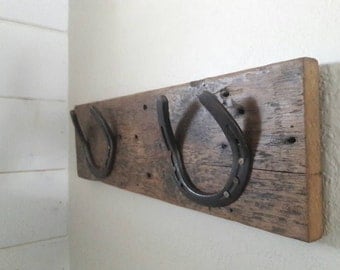 Reclaimed wood horse shoe coat rack, tack rack, hat rack