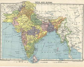 1940s map of india and burma antique map vitage wqll decor