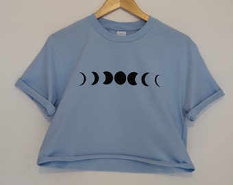 Moon Phase Print Pastel Blue T-shirts / Crescent Moon Space tee / Crop Top Option