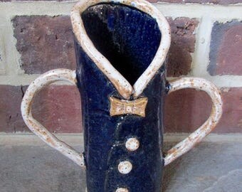 MR. SHOE - Handmade/Hand-Built Ceramic Container - Navy Blue Tux with Tan Bow Tie