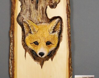 Fox Art Carved ,Wood Carving with Bark,Hand Made Gift,Wall Hanging,OOAK gift for the Fox Lovers,Hunter Gift Cabin Decoration,White,Orange