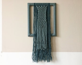 macrame wall hanging with yarn wrapped frame | modern macrame | contemporary fiber art | blue tapestry | wool textile art | boho decor