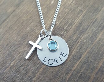 Personalized Cross Necklace - Hand Stamped Cross, Birthstone Necklace - Swarovski Crystal - Girl Necklace - Communion - Easter gift