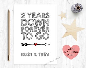 2nd anniversary card, 2nd wedding anniversary card, 2 years together, girlfriend card, valentines day card, 2 years down forever to go