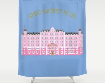 Grand Budapest Hotel shower curtain-Wes Anderson shower curtain-Cinema lover shower curtain-Blue bathroom curtain-Cool Modern bathroom decor