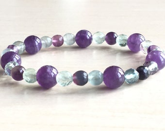 Amethyst Bracelet,Rainbow Fluorite Bracelet, Colorful Fluorite Jewelry,6mm Fluorite Bracelet,Natural Gemstone Bracelet,Gift Young Girl Mala