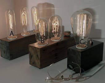 Wooden Edison Lamp, stained Wood lamp , Table Lamp, Desk Lamp, 1, 2 or 3 Edison Bulbs , Industrial Lamp, Steampunk Lamp,Industrial Lighting