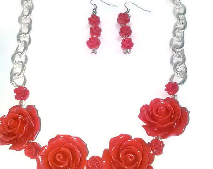Red Flower Chain Necklace Set, Silver Chain Necklace, Statement Piece, Gift For Her, Silver Lovers, Red and Silver, Classy Jewelry, Bold Fun