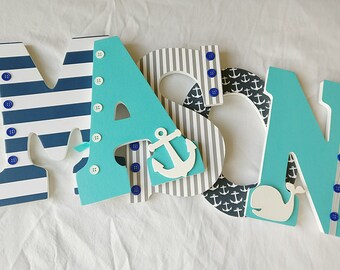 Boy nursery letters, nautical letters, navy and aqua nautical letter, nautical nursery letters, boy hanging letters, wooden letters for boy