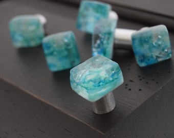 Caribbean Mist knobette Miniature Turquoise Knob, Cabinet Knob, Drawer Knob, Jewelry Box Knob, Aqua & Turquoise Glass Knob with Silver Base