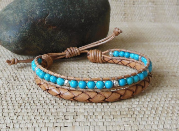 Mens Woven Leather & Turquoise Bracelet/Masculine