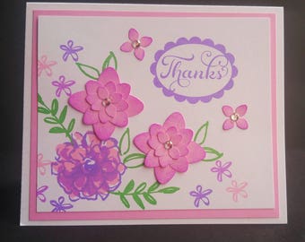 Pink floral print hand stamped thank you cards, set of 12