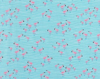 Timeless Treasures City Knits Cotton Spandex Flamingos Fabric - Aqua (Sold by the 1/2 Yard)