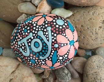 Rock Art, Hand Painted Rock, Painted Stone, Mandala Design, One-of-a-Kind Gift, Joy, Natural Home Decor, rock word collection #11