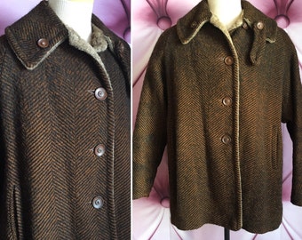 Vintage 70s 1970s reversible wool and faux fur coat brown rust black