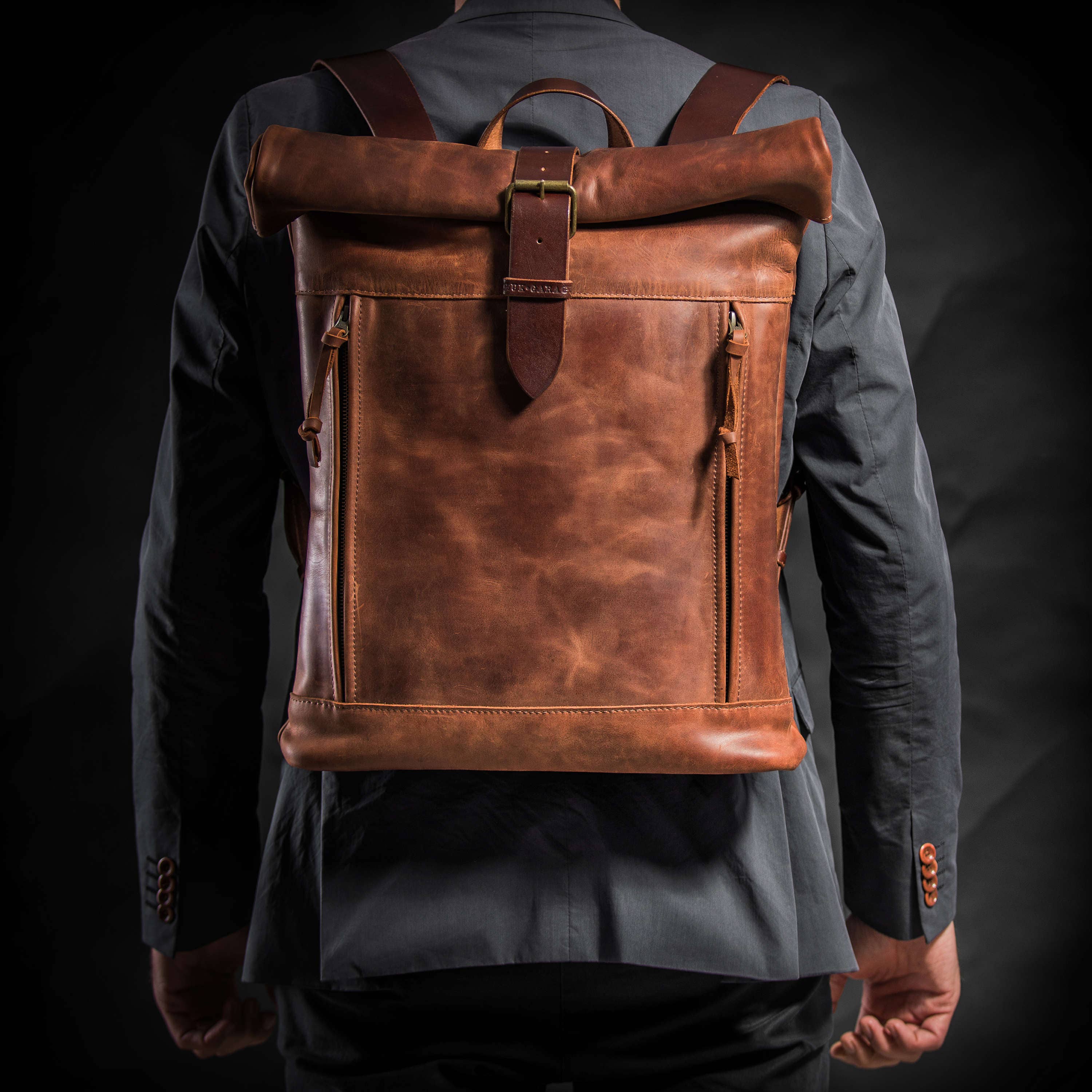 Leather backpack Roll top backpack by Kruk Garage Brown