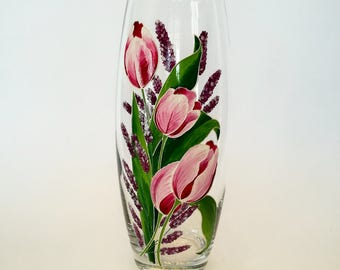 Birthday Gift for Mother Hand Painted Vase Glass Decor Home Decoration Handpainted Bedroom Decor New Home Gift Tulips Spring Flowers Decor
