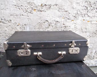 vintage suitcase/vintage luggage/travel suitcase/ suitcase black/faux leather
