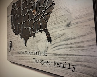 Push Pin US Map, Wooden Map, Wood Wall Art, Family Name Sign, Oh the places quote sign, rustic, shabby chic, distressed
