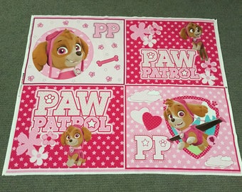 Cartoon fabric. Paw Patrol fabric panel. Girl Dog Skye quilt panel. Cotton quilting Blocks. Puppy Stars Paw Prints Bone Pink Quilt Squares