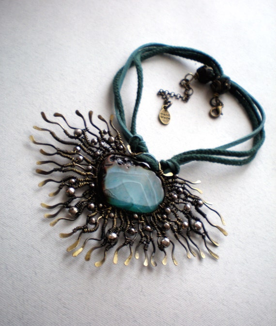 Handmade brass wire necklace with blue agate Brass wire