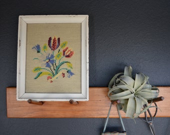 Vintage Floral Needlepoint | White Chippy Frame | Floral Crewel Needlepoint Stitchery | Gallery Wall Decor