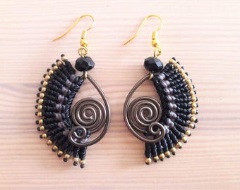 Black Crystal, Black Wire Earrings, Boho Earrings, Macrame Earrings, Thai Earrings, Gift for Her, Women, Girls, Artisan Jewelry, Black Love
