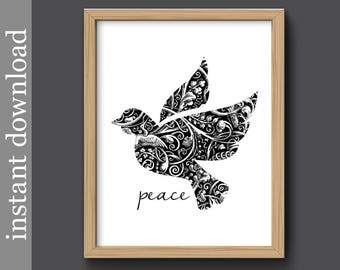 Peace printable, Dove of Peace, Christmas dove, dorm art, black and white, dove wall art, inspirational, peace print, download, world peace