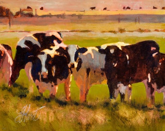 Cow painting, Cow Oil Painting, Cows, Oil Print, Cow Line Up, Farm Animals