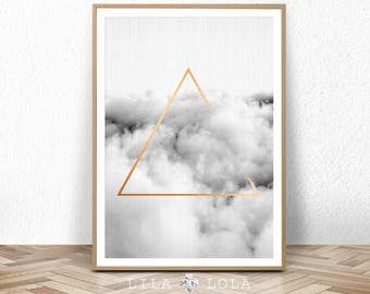 Geometric Cloud Print, Black and White, Printable Poster, Large Abstract Prints, Gold Triangle, Digital Download, Minimalist Wall Art Decor