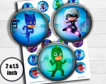 PJ Masks Digital Collage Sheet 2" 1.5" circle clipart Printable Image Download for favor magnets cupcake toppers birthday