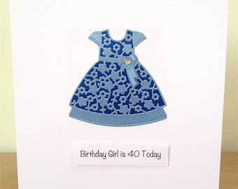 Blue Party Dress Birthday Card - 21st, 30th, 40th, 50th, 60th, 65th, any age - Handmade Card - Card For Her