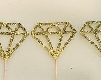 12 Gold Glitter Diamond Donut Toppers, diamond cupcake toppers, bridal shower decorations, engagement ring topper, bride to be, party, weddi