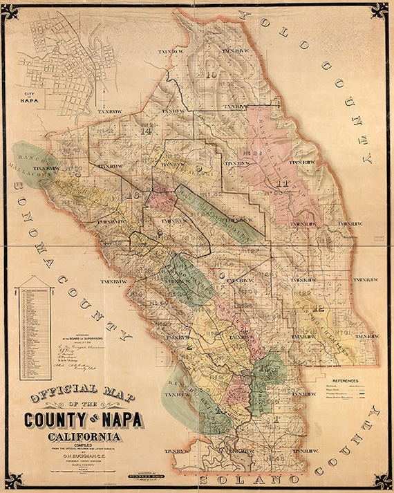 Napa County map California CA 1895. Vintage restoration