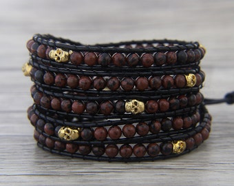 Red bead wrap bracelet Chic Skull leather bracelet BOHO Man Skull bracelet Yoga 5 wraps bracelet Leather wrap bracelet Skull jewelry SL-0473
